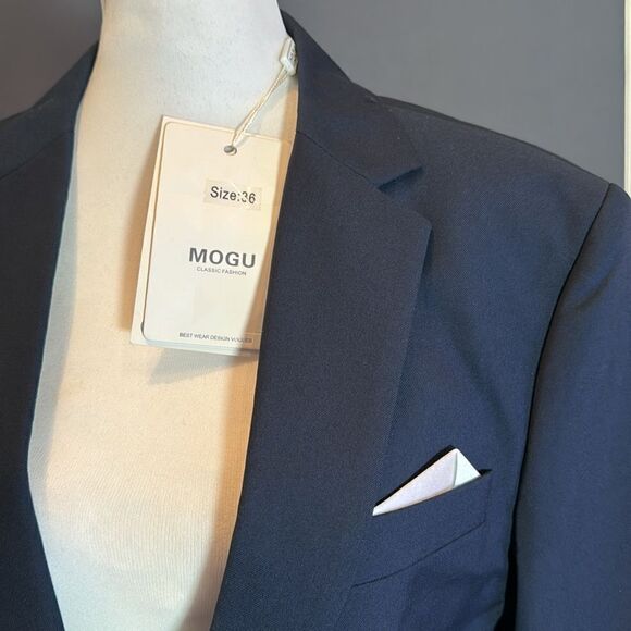 Men’s Mogu Blue 2 Piece One Button Slim Fit Suit Size 36 Jacket 34 Pants NWT - Picture 2 of 13